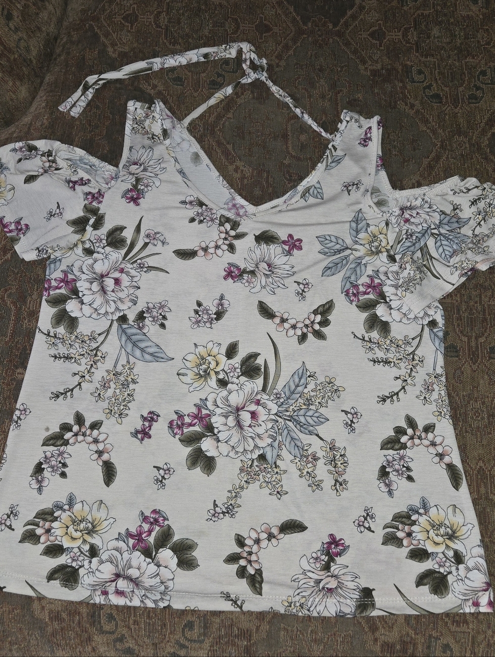 NAIF White Floral Cold-Shoulder Blouse with Pink, Yellow and Blue Flowers